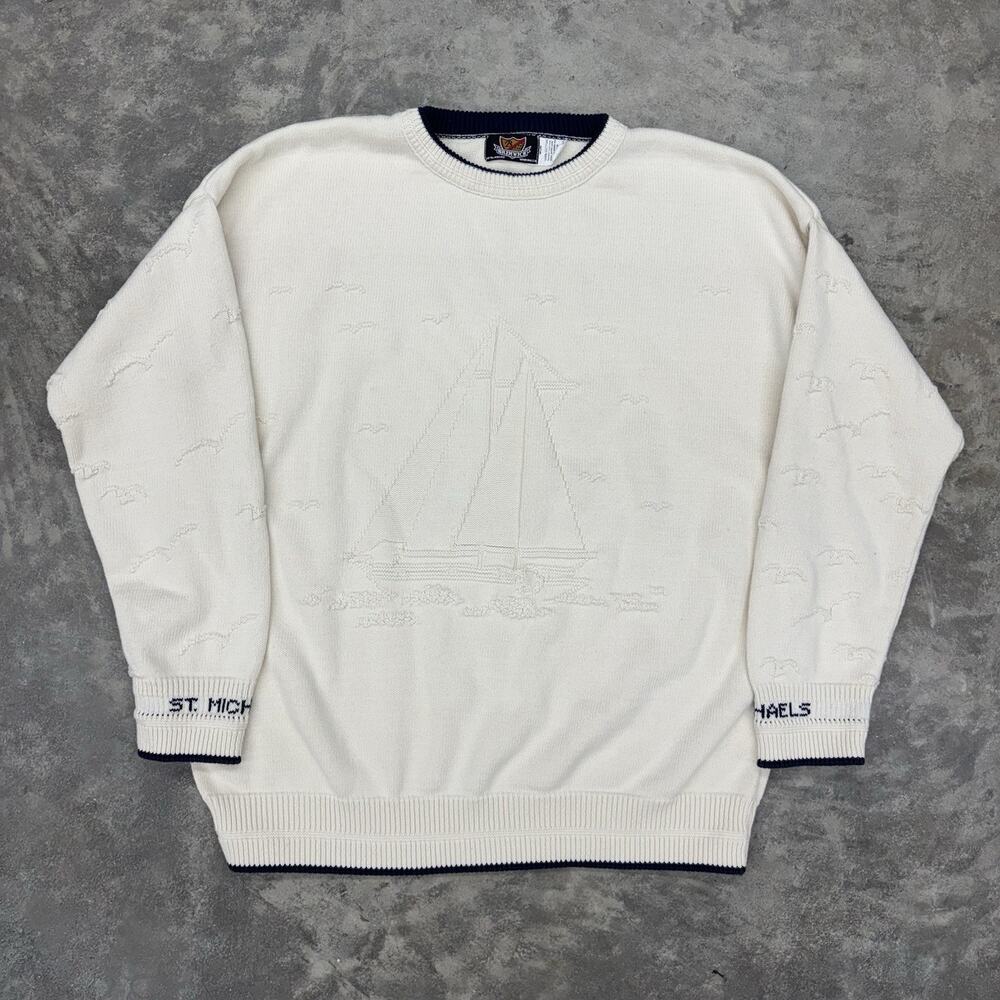 Vtg Brimwick Sweater Mens L Cream Sailboat Knit Cotton Ocean Vacation Coastal